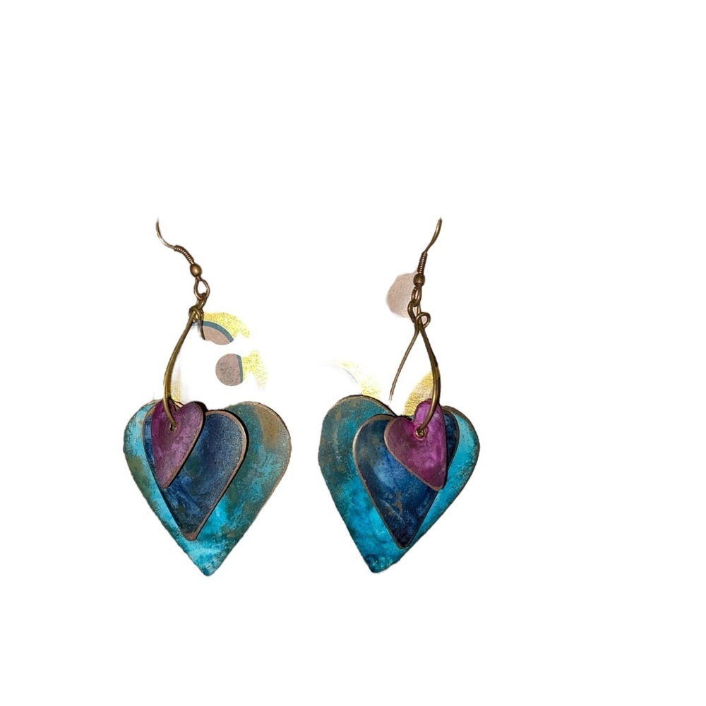 vintage 80s Blue Purple Heart metal Dangle Earrings valentines Whimsical Romance